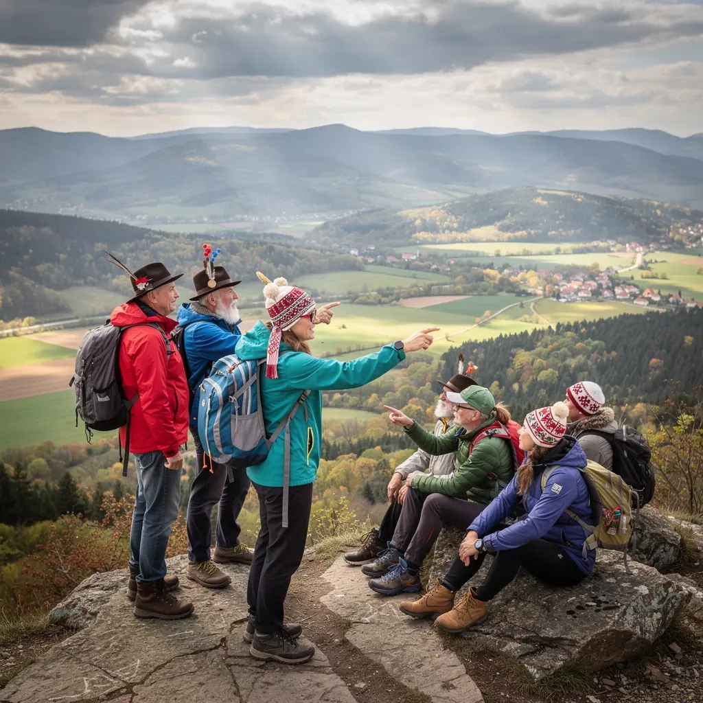 A panoramic view of rolling hills dotted with wildflowers under a bright blue sky in rural Slovakia.