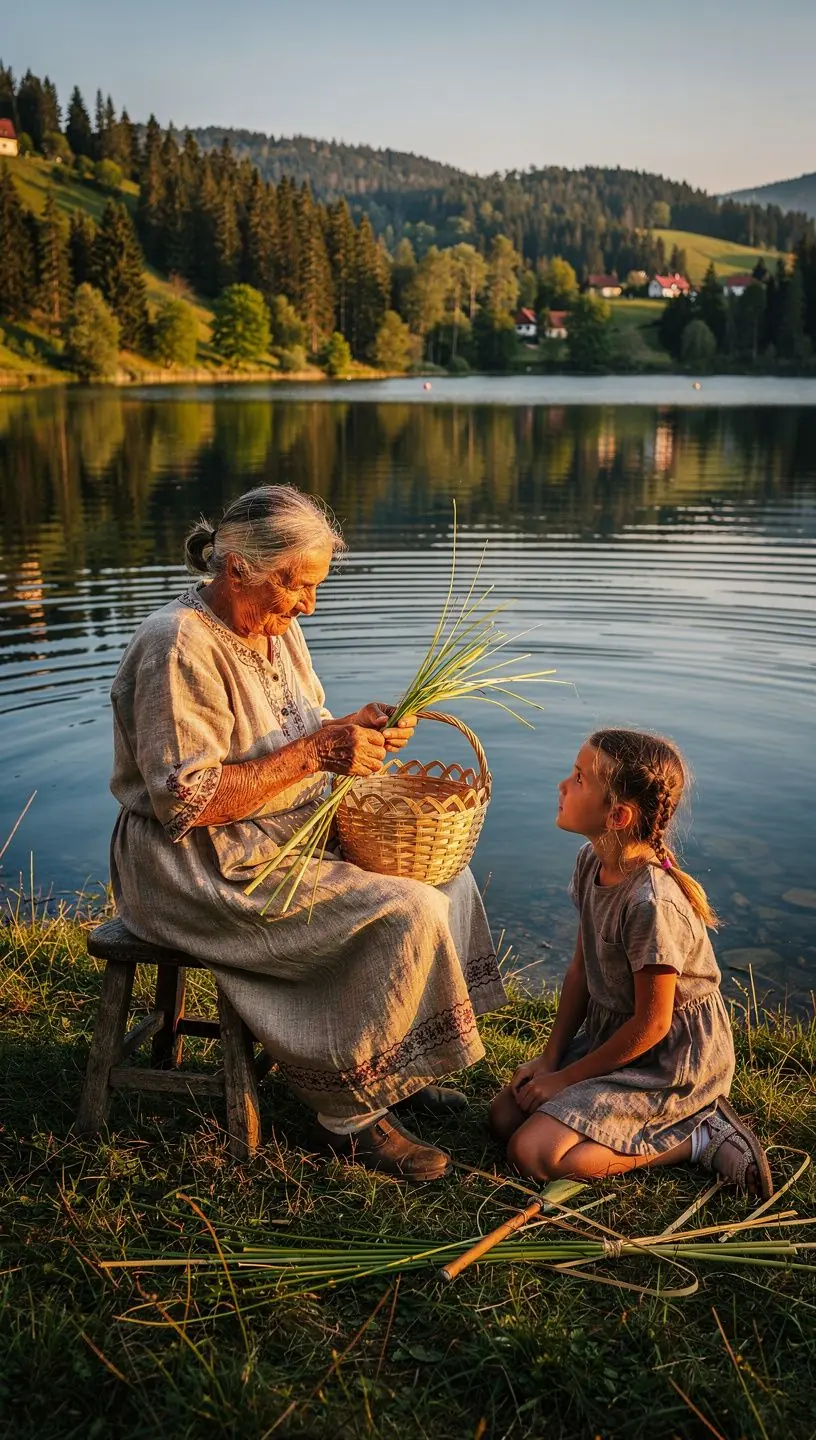 A quaint village with traditional wooden houses surrounded by lush green fields and grazing livestock.