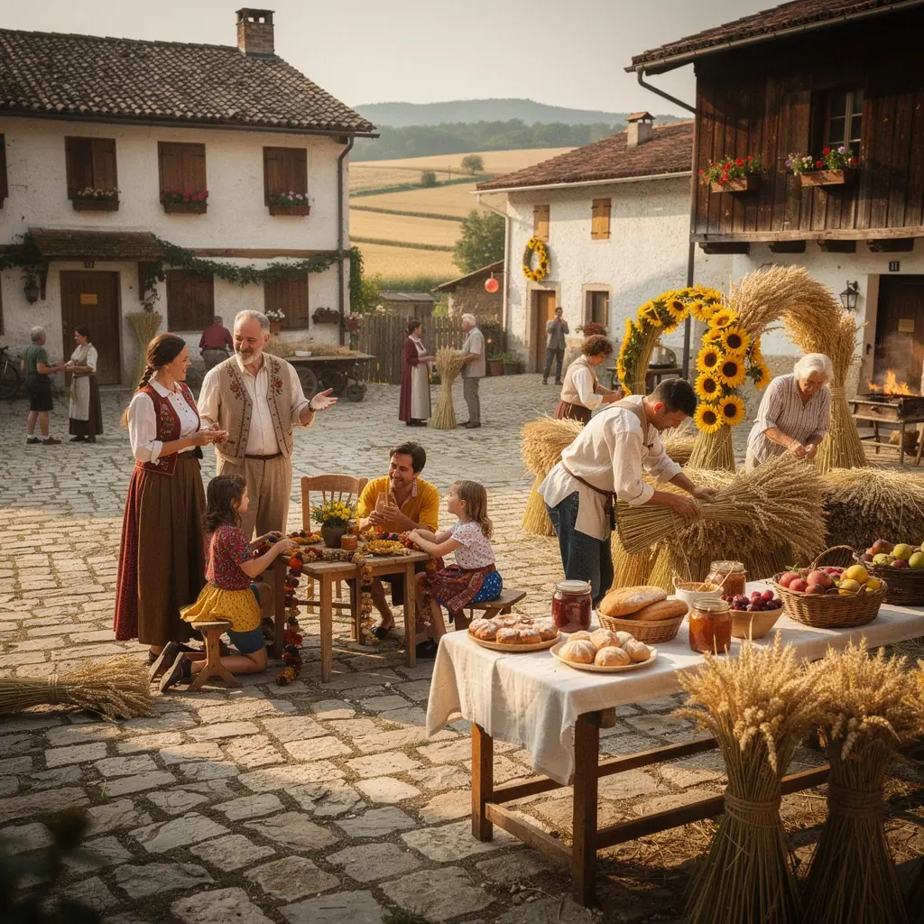 Farmers working in a golden wheat field, showcasing the agricultural heritage of the Slovak countryside.